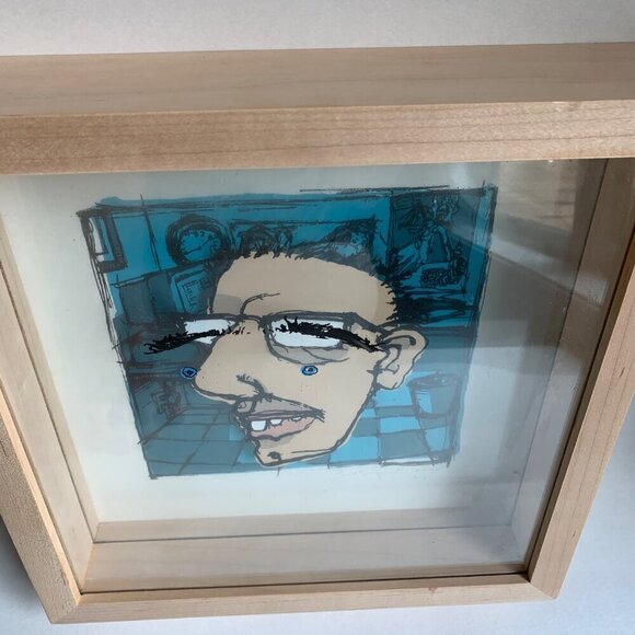 Signed 3D Framed Portrait Man with Blue Checked Background Wood Frame 2000 - Picture 2 of 5